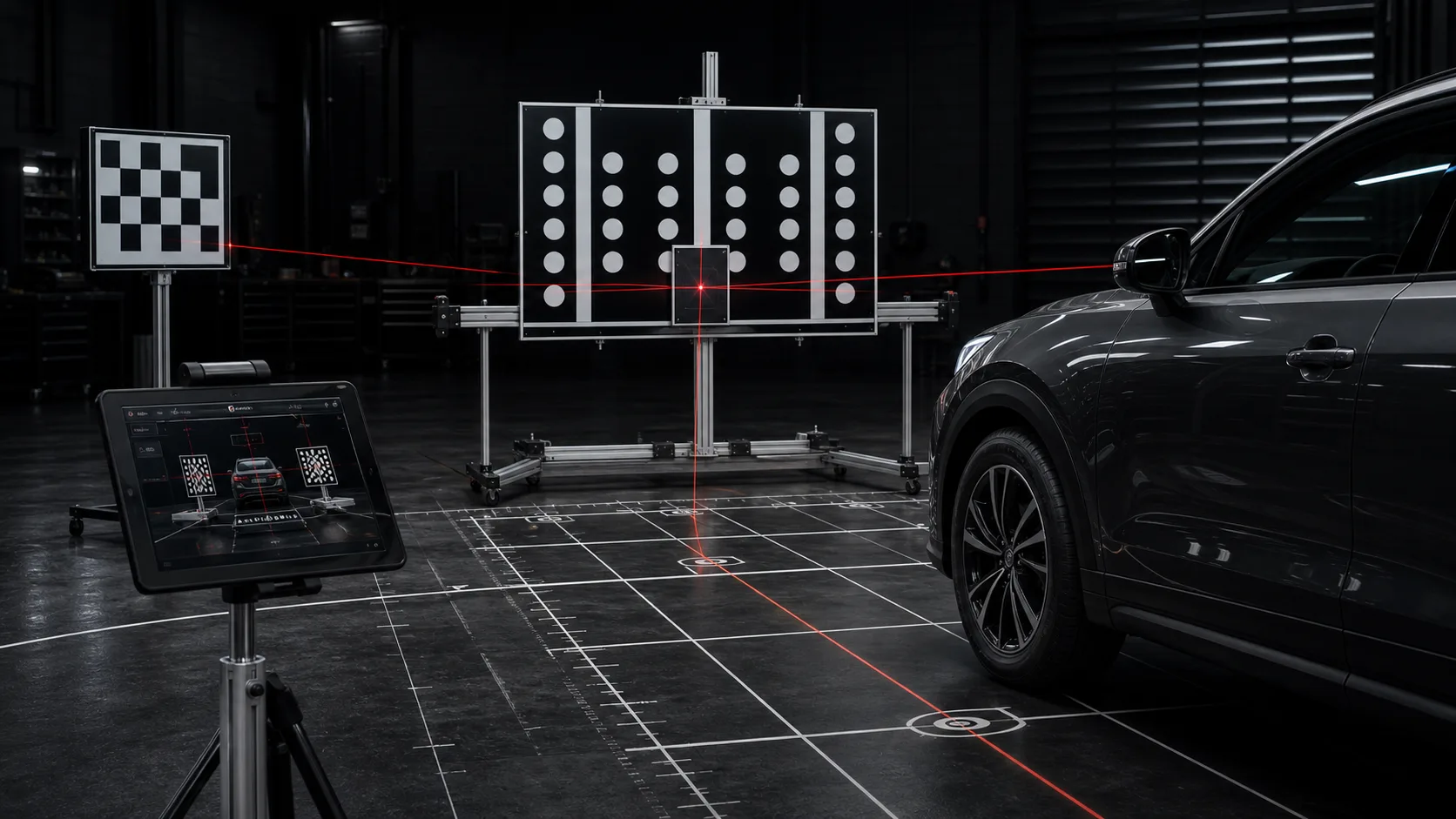 ADAS calibration target system with red alignment lasers in a dark bay