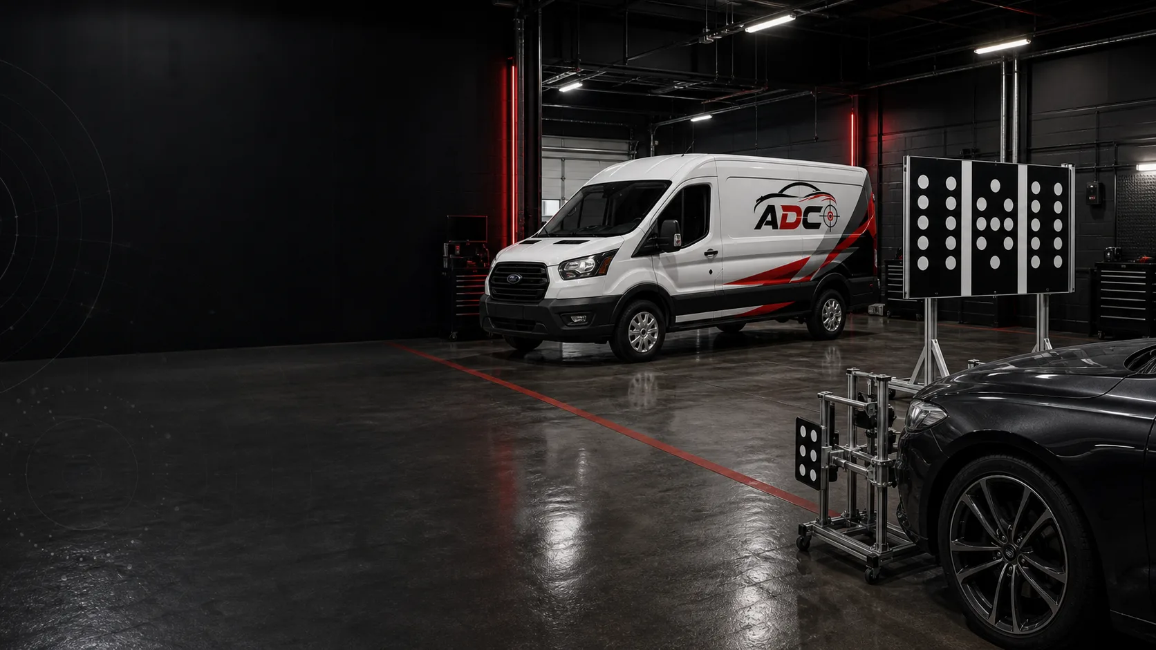 ADC mobile calibration van and ADAS target board in a dark calibration bay